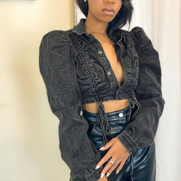 

women's jackets autumn women puffer long sleeve drawstring denim fashion bandage ruched black aesthetic jean coat casual short cro, Black;brown