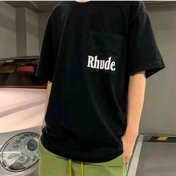 

22ss pocket letter printing 100% cotton eu size rhude t shirt men women sports style summer xxxtentacion haikyuu, White;black