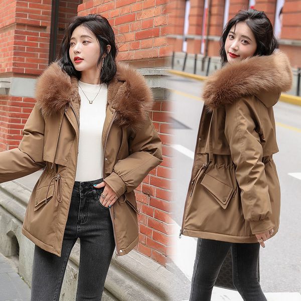 

plush thickened women's short 2021 new winter waist cotton clothes korean loose large wool collar coat, Black