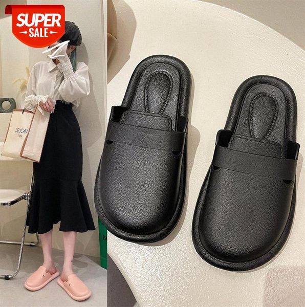 

small fresh peas shoes, solid color slippers, sandals, women's baotou lazy half drag #cr12, Black