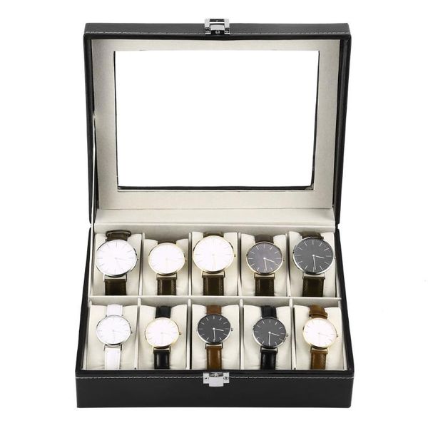 

watch boxes & cases 2/6/10/12 girds leather/carbon fiber luxury box jewelry storage organizer for rings bracelet display holder case, Black;blue