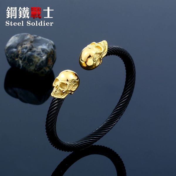 

steel soldier punk rock skull bangle stainless steel bracelet men charm wrap hand hip hop jewelry new arrival 2020, Black