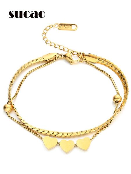 

charm bracelets double-layer heart hip-hop electroplated gold hand ornaments fashion jewelry for women and men wedding birthday party gift, Golden;silver