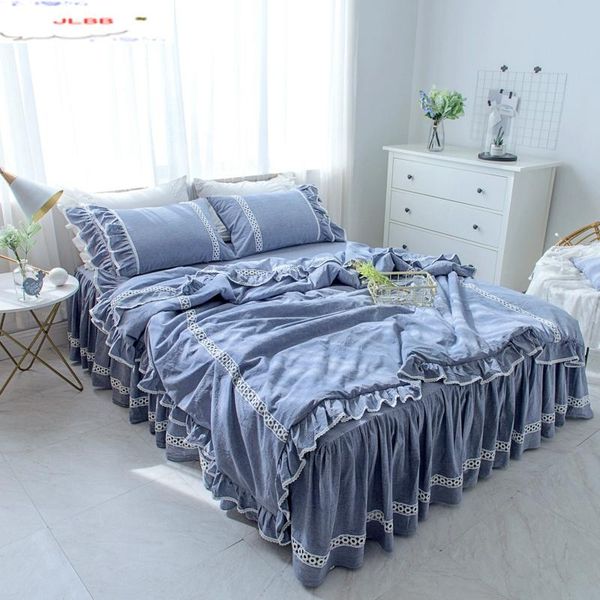 

bedding sets luxury set light blue ruffle lace duvet cover bed skirt bedspread princess pillowcase twin full  king bedclothes
