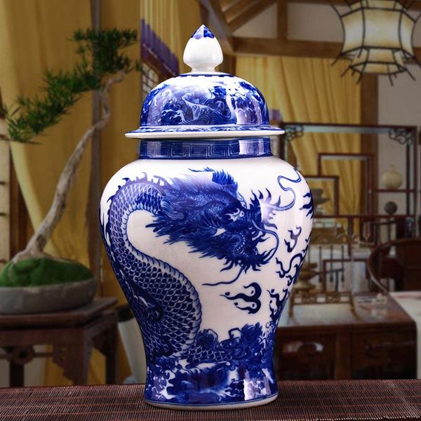 Vasos Antique Chinês Dragão Clássico Qing Cerâmica Grande Gengibre Frasco Azul e Branco Porcelana Piso Vaso Para Presente Precioso