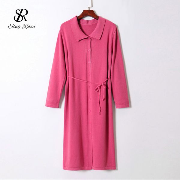 

korean knitted dress women turn-down collar lace up long sleeve dress autumn winter fashion loose sweater dresses 210419, Black;gray