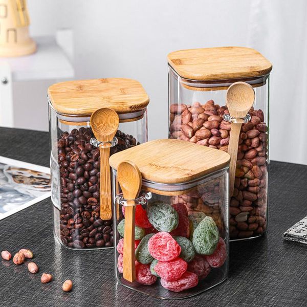 

storage bottles & jars glass bottle bamboo lid spoon clear containers square for food sealed tea coffee sugar