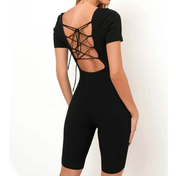 

women's jumpsuits & rompers summer ribbed backless lace up playsuit women short sleeve fashion skinny romper solid bodycon playsuits, Black;white