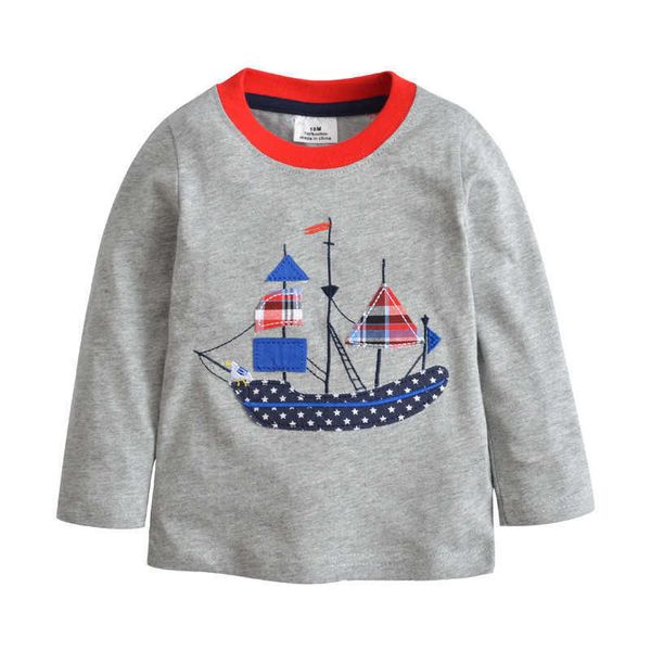 Metri da salto Autunno Primavera Barca Applique Ragazzi T-shirt a maniche lunghe Ricamo in cotone Moda Sport Camicie per bambini Top per bambini 210529