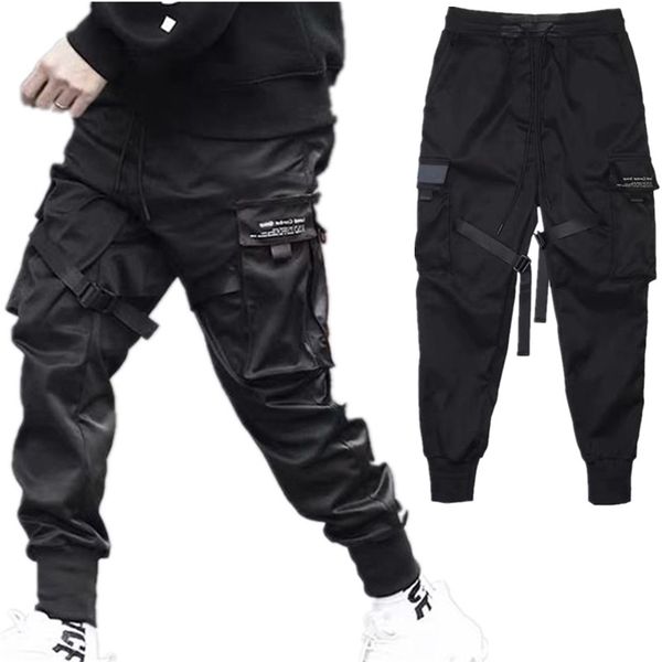 

hip hop boy pockets elastic waist harem pant men streetwear punk casual ribbons design trousers jogger male dancing black pant 210707