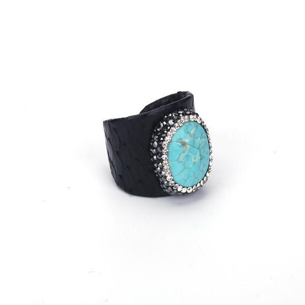 

trendy oval blue turquoises howlite bead charms pave rhinestone black real snake leather adjustable open ring cuff for women man cluster rin, Golden;silver