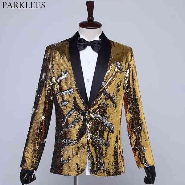 Роскошный золотой блесток блеск костюм куртка мужская шаль воротник 1 кнопка мужское платье пиджаки свадебная вечеринка выпускная одежда для певцов 210522