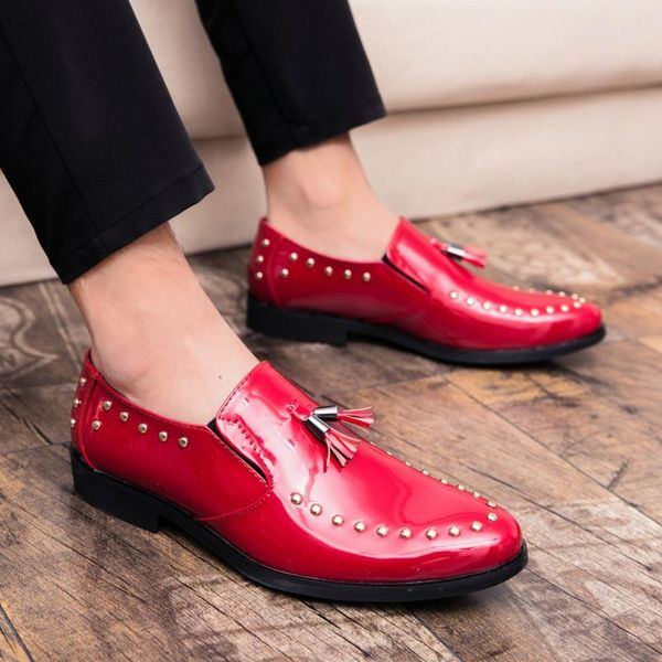 

dress shoes beads men's leather formal slip on tassels spring male british business office pointed toe rivet casual for men, Black