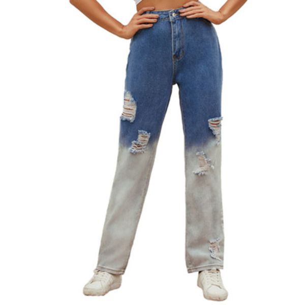 Sonbahar Retro kadın kot degrade renk yüksek bel yıkanmış ripped rahat düz-bacak pantolon 210419