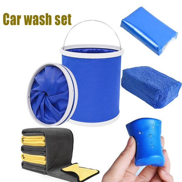 

car sponge 4pcs wash microfiber towel paint care cloth portable folding bucket waxing washing mud cleaning clay tools set