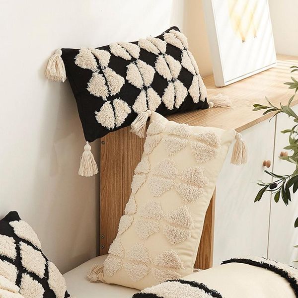 

pillow case morocco throw with tassel woven tufted plaid lumbar cushion cover
