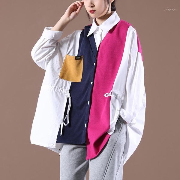 

women's blouses & shirts plus size women summer fall contrasting color stitching irregular oversize blouse korean loose casual button u, White