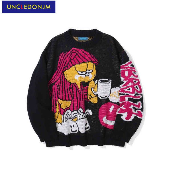 

uncledonjm cartoon print knitted men cloth hip hop casual autumn couple pullover anime sweater, Black