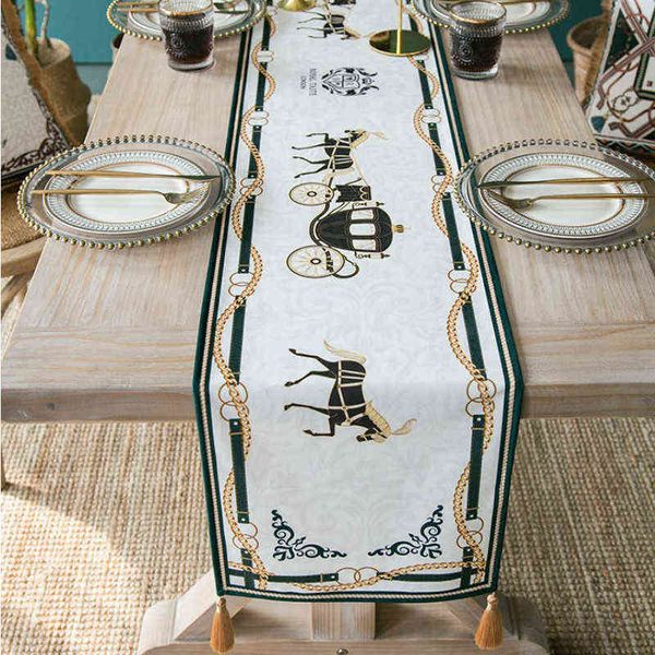 DunxDeco Tassel Table Runner Party Tabela Longa Tabela Tecido Moderno Luxo Royal Horse Carriagem Imprimir Desemprimento Decoração Têxtil 211117