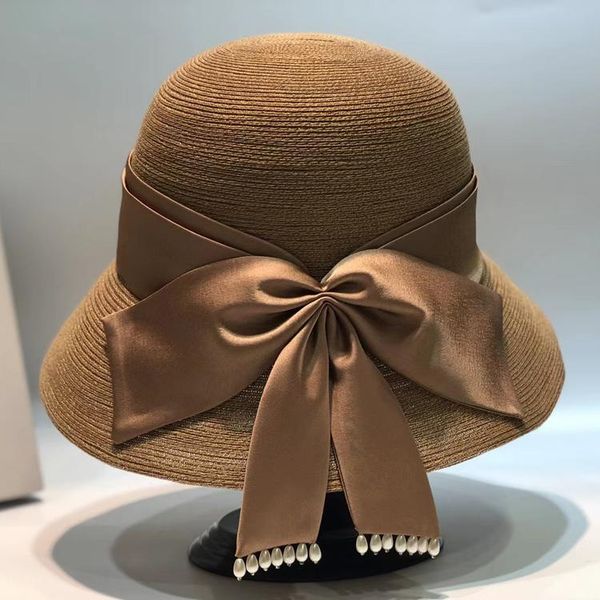 

retro french hepburn style pearl satin bowknot elegant large eaves shade show face hat straw stingy brim hats, Blue;gray
