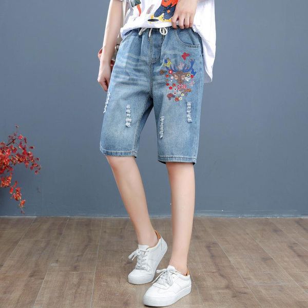 

women's jeans women summer vintage elastic high waist floral embroidery shorts female casual loose plus size knee length denim z287, Blue