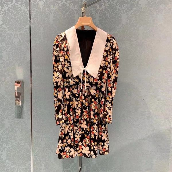 

casual dresses runway designers floral printed mini for women spring vintage long sleeve chiffon dress female p7qf, Black;gray