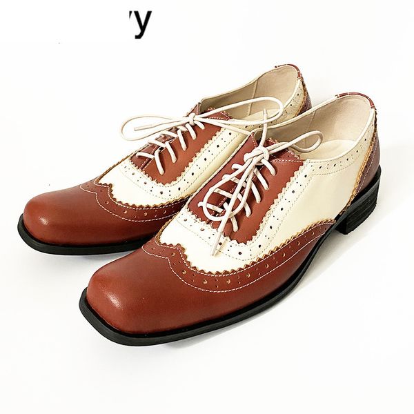 

sandals women retro casual shoes british style leather mixed colors lace up loafers spring autumn square toe brogue for lady 6t22, Black