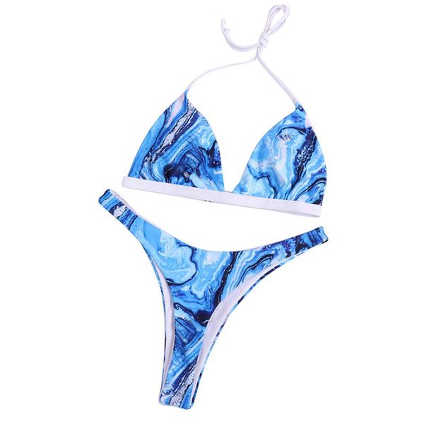 

women's swimwear women bikini set, blue ocean tie dye printed halter swim bra and panty swimsuits, White;black