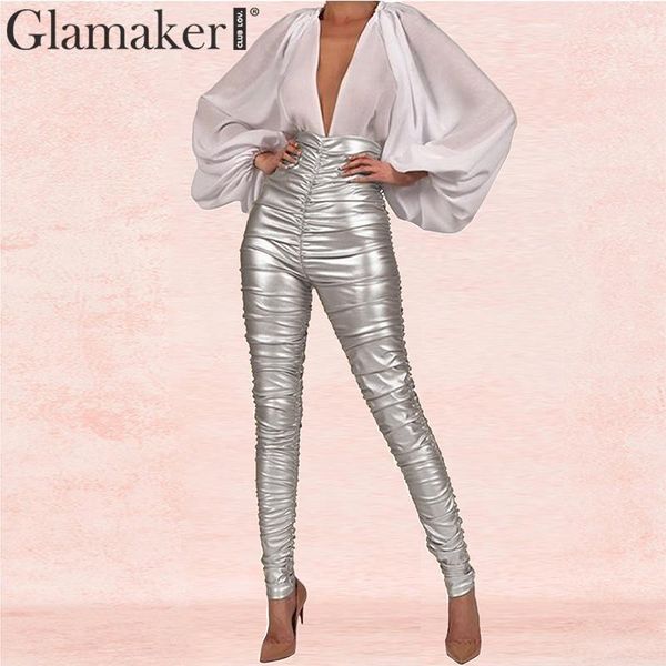 Glamaker Faux кожаные худые брюки женские плиссированные высокие талию уличные элегантные элегантные пенсансы женские осенью вечеринка сексуальные брюки 210412