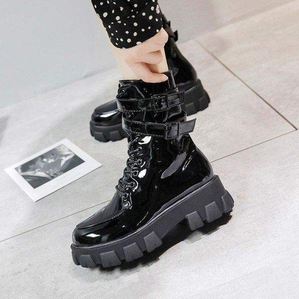 

boots 2021 short street style thin thick-soled bright leather shoes patent, Black