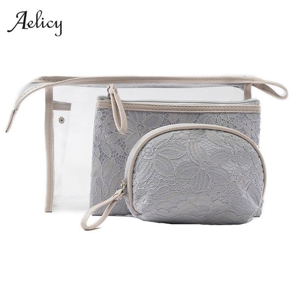 

aelicy 3pcs/set travel bride lace cosmetic bag pvc women zipper clear makeup bags beauty case make up organizer storage & cases
