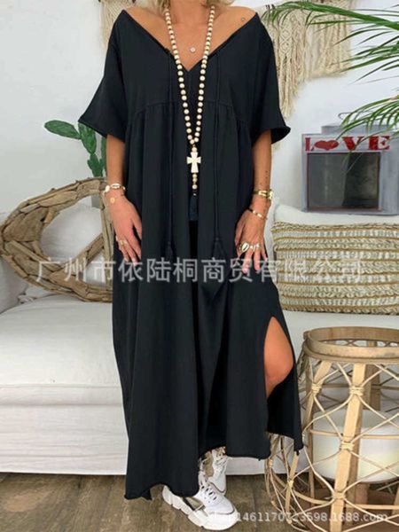 

dresses summer women's casual solid v-neck short sve large drs, Black;gray