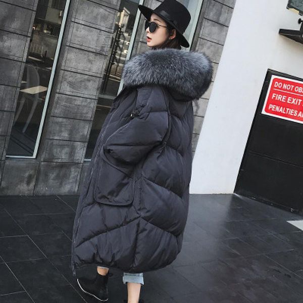 

women's down & parkas jacket big pocket woman clothes long winter korean loose thick fur collar hooded windproof 33ru, Black