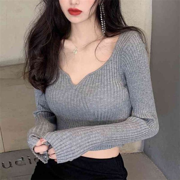 Moda sexy con scollo a V maglione corto autunno inverno donna manica lunga elegante pullover sottile ragazze maglioni lavorati a maglia Pull Femme 210514