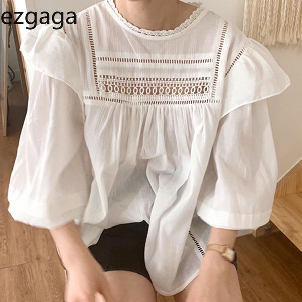 

women's blouses & shirts ezgaga korean chic autumn lace hollow blouse elegant women patchwork ruffles loose puff long sleeve all-match, White