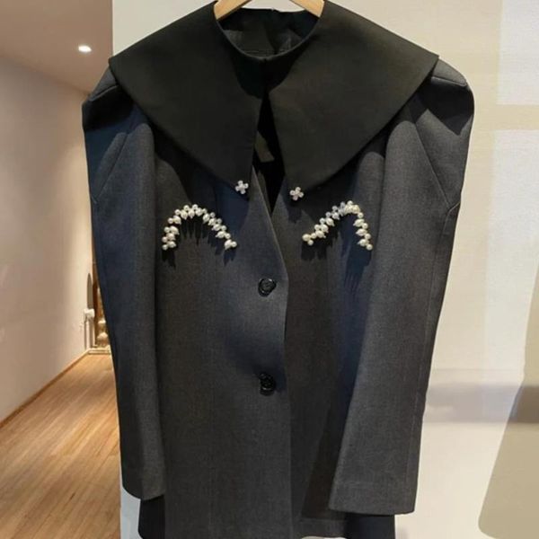 

women's suits & blazers autumn winter big lapel puff sleeves gray suit jacket coats for women beaded diamond elegant ladies sweet mid-l, White;black