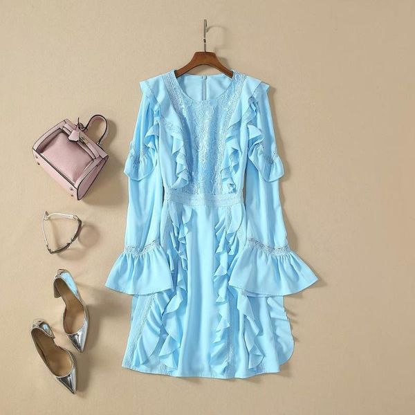 

casual dresses spring 2021 for european and american women's wear long sleeve horn bud silk joining together falbala fashion dress, Black;gray