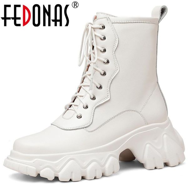 

boots fedonas chunky heels pumps for women genuine leather 2021 autumn platform lace up shoes woman est working basic ankle, Black