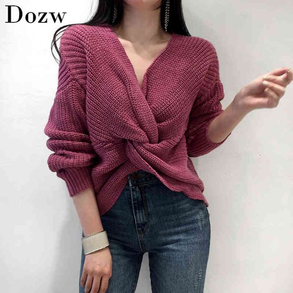 

v neck twisted sweater women fashion long sleeve both sides wear pullover solid casual knitted jumper pull femme 210414, White;black