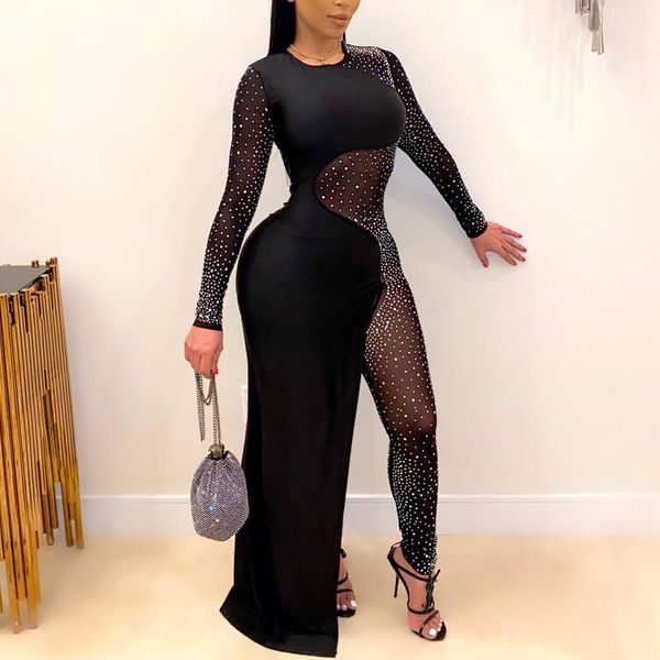 

gym clothing crystal beading jumpsuit women gown sparkle see through sequins skinny mesh romper one piece overalls party clubwear, White;black