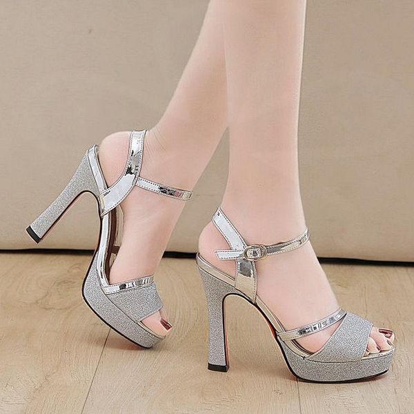 

korean version waterproof platform word buckle high heels summer fish mouth sandals women's shoes gold dress, Black