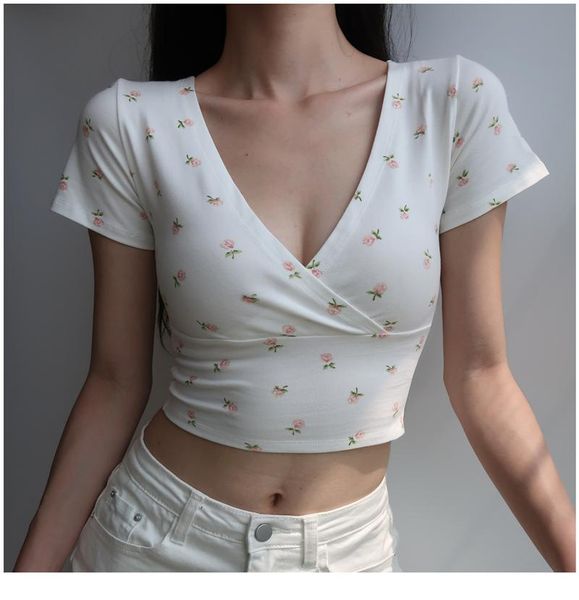 

women's t-shirt women american retro v neck slim waist short sleeved floral print crop bodycon elegant white t shirt 2021 summer