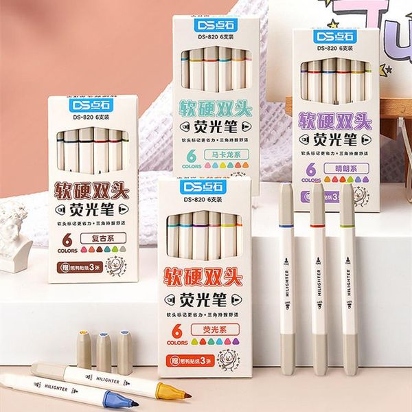 

highlighters ds-820 soft and hard double-headed highlighter student triangle pole retro color marker writing hand account painting, Black;red