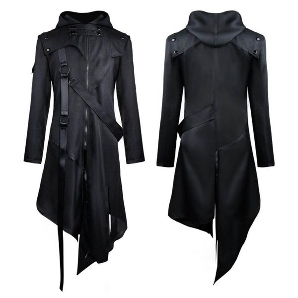 

men's trench coats vintage men hip hop coat hooded cloak irregular design long cardigan street punk windbreak jackets outwear 2021, Tan;black