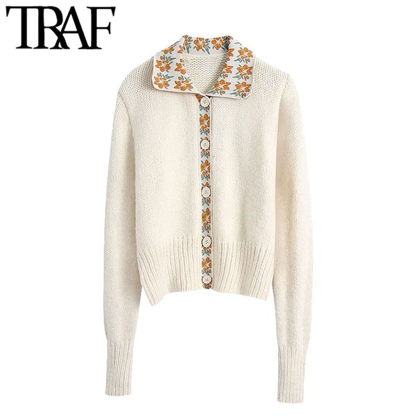 

traf women fashion patchwork cropped knitted cardigan sweater vintage long sleeve button-up female outerwear chic 210415, White;black