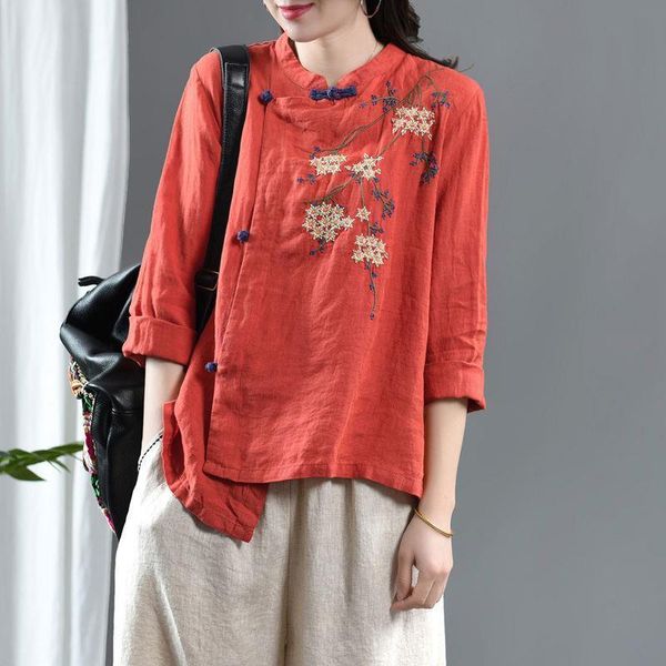 

spring womens shirt arts style women vintage button stand collar long sleeve loose shirts cotton linen embroidery blouse femme blusas, White