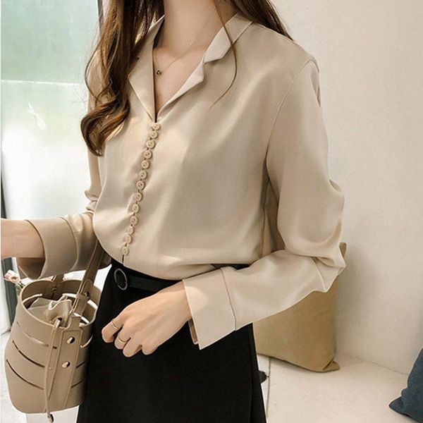 

women's blouses women sweet buckle v neck collar button shirt long sleeve female loose bottoming blouse plus size 4xl solid color & shi, White