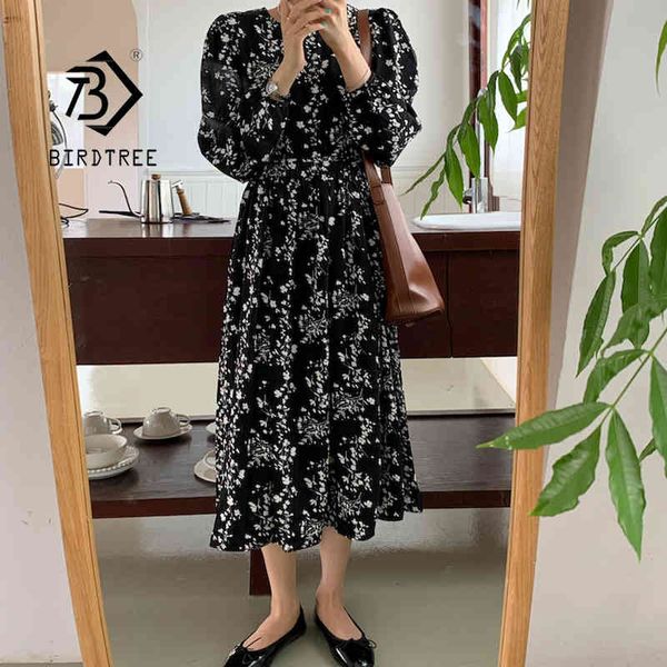 

spring women's vintage french style floral long dress o neck puff sleeve loose casual elegant mid-length black dresses d13102x 210419, Black;gray