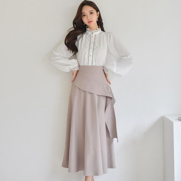 

spring elegant ol korean version casual work 2 piece set lace splice blouse + midi ruffles a-line skirt suit women's tracksuits, Gray