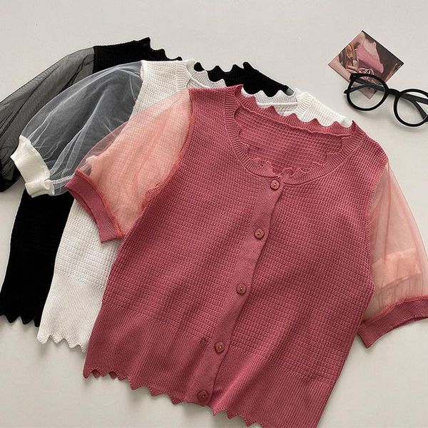 

mesh ruffle knit t-shirt for women single-breasted o-neck thin slim tshirt femme patchwork skinny clothes summer 2021 ropa mujer women', White